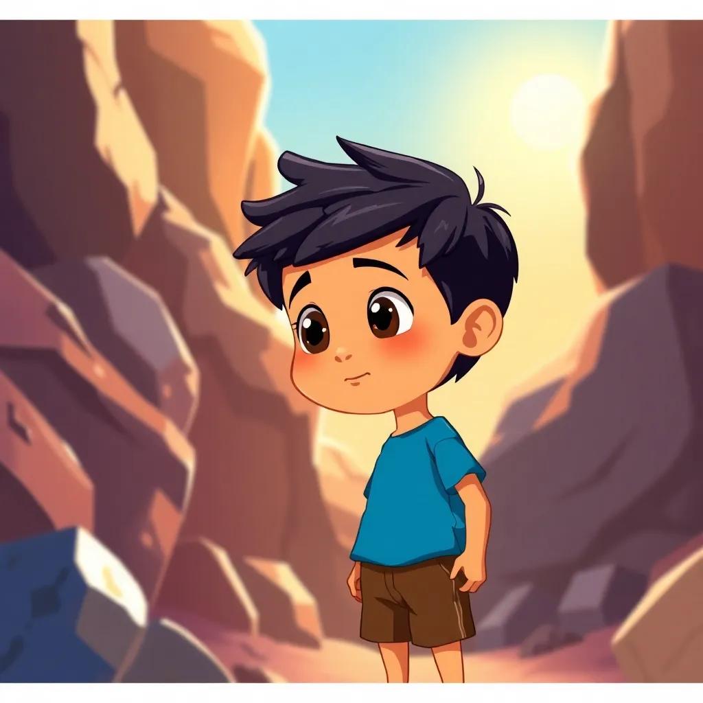 Sami, a young Arab boy, with short black hair, wearing a blue t-shirt and brown shorts, looking closely at shiny rocks under the sun, wonder in his eyes, illustration, vibrant colors, child-friendly, high quality