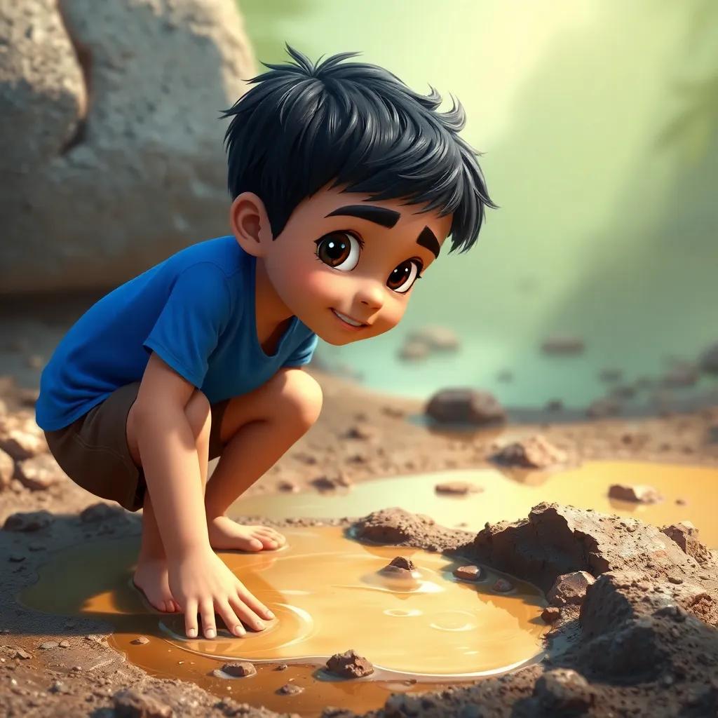 Sami, a young Arab boy, with short black hair, wearing a blue t-shirt and brown shorts, with mud and water around him while exploring, filled with imagination, digital art, lively colors, storytelling, high quality