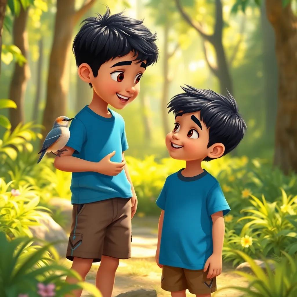 A small bird talking to Sami, a young Arab boy with short black hair, wearing a blue t-shirt and brown shorts, in a sunny forest, bright colors around, cheerful, digital painting, friendly atmosphere, high quality