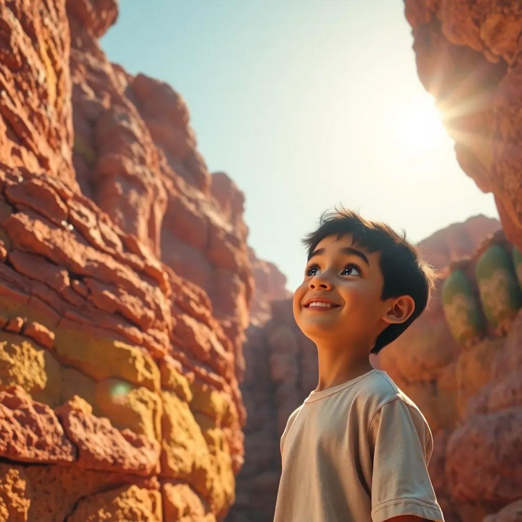 A colorful view of sedimentary rocks with red, yellow, and green colors, with Sami, a young Arab boy, looking amazed, bright sunlight, joyful perspective, stunning detail, digital art, high quality