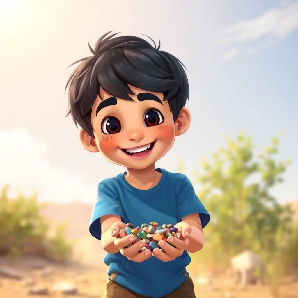 Sami, a young Arab boy, with short black hair, wearing a blue t-shirt and brown shorts, collecting small colorful stones in his hands, smiling widely, sunny day in nature, digital painting, bright and happy colors, high quality