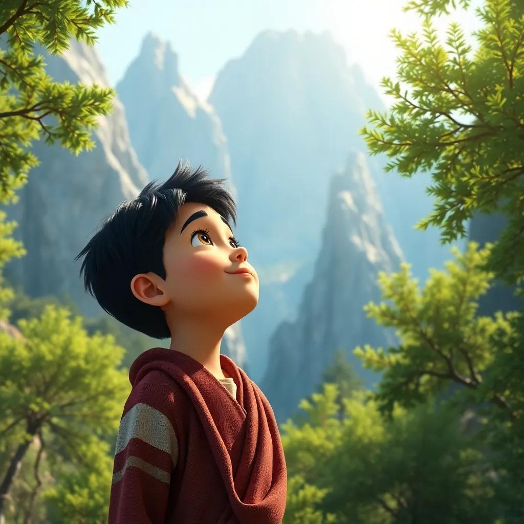 Sami, a young Arab boy, with short black hair, looking up at the mountain rocks with wonder, surrounded by lush green trees, delightful scenery, digital art, vibrant colors, enchanting atmosphere, high quality