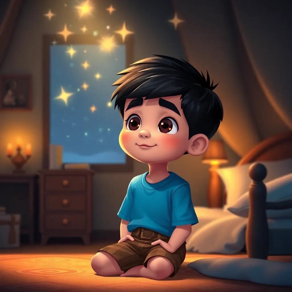 Sami, a young Arab boy, with short black hair, wearing a blue t-shirt and brown shorts, sharing his dreams with twinkling stars above, in a cozy bedroom, magical vibes, warm colors, digital art, high quality