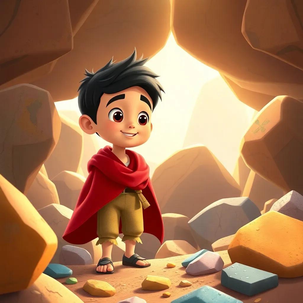 An animated scene of Sami, a young Arab boy, with short black hair, enjoying his adventures in the world of rocks, colorful illustrations, child-friendly, vibrant and lively style, high quality