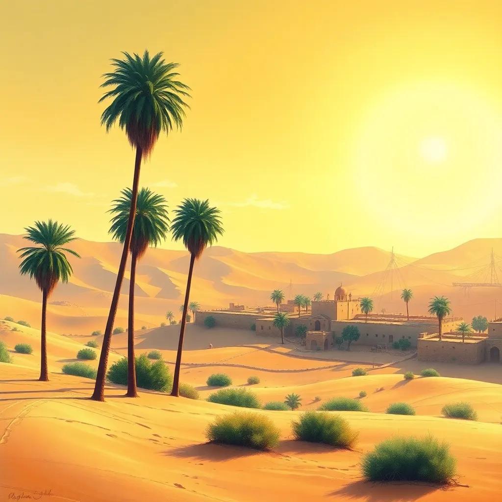 A beautiful desert with tall palm trees, a small village called Ad Diriyah, sunny sky, bright colors, a peaceful and inviting atmosphere