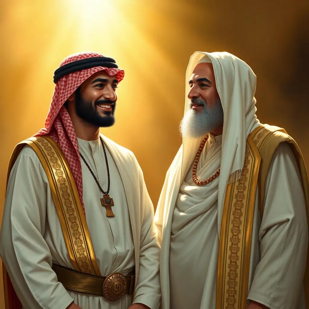 A brave man named Muhammad bin Saud, wearing traditional Arab clothing, standing proudly, with a friendly smile, talking to the wise Sheikh Muhammad bin Abdul Wahab, golden sunlight shining on them, hope and unity in the air