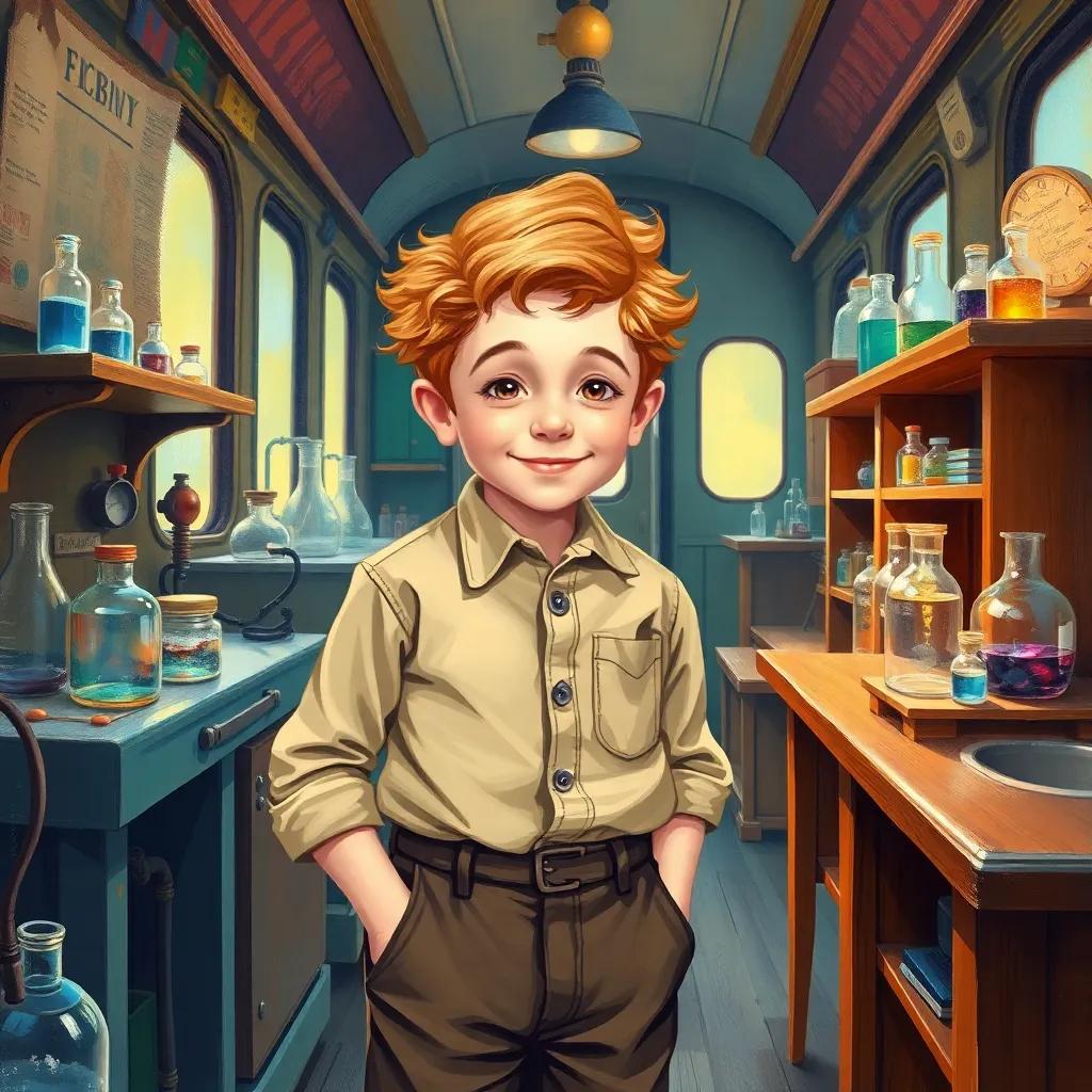 A small boy, Thomas Edison, with light brown hair wearing a simple shirt and pants, happily experimenting with chemistry in a makeshift lab on a train, bright and colorful setting, digital painting, cheerful, lively atmosphere, high quality