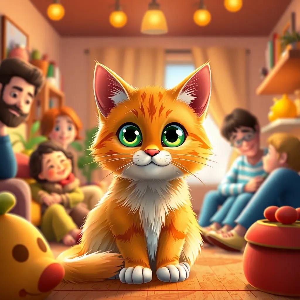 A beautiful cat, Tom, a fluffy orange cat with big green eyes, sitting in a cozy little home surrounded by loving family members, warm home atmosphere, digital art, cheerful colors, inviting scene, high quality