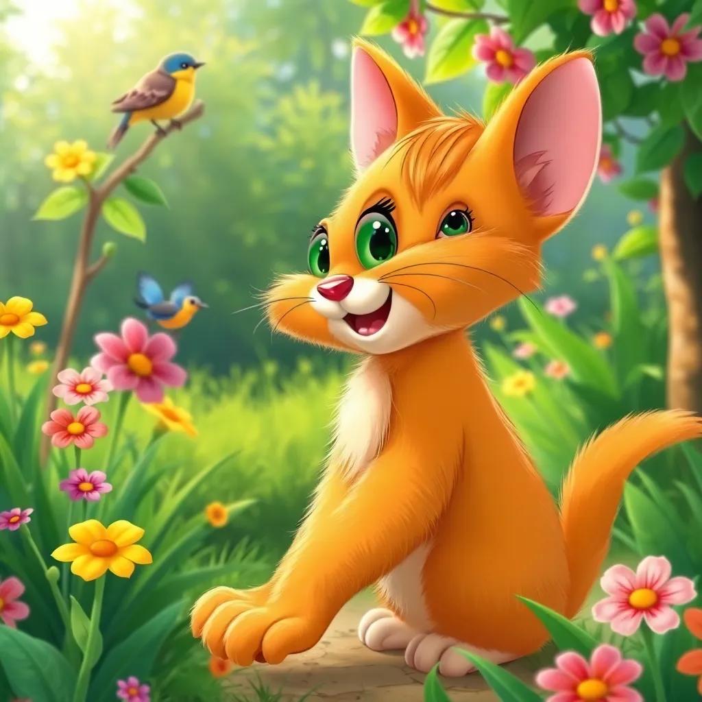 Tom, the fluffy orange cat with big green eyes, playing in a green garden with a small colorful bird on a tree, vibrant flowers around, bright sunny day, joyful atmosphere, illustration, lively colors, child-friendly