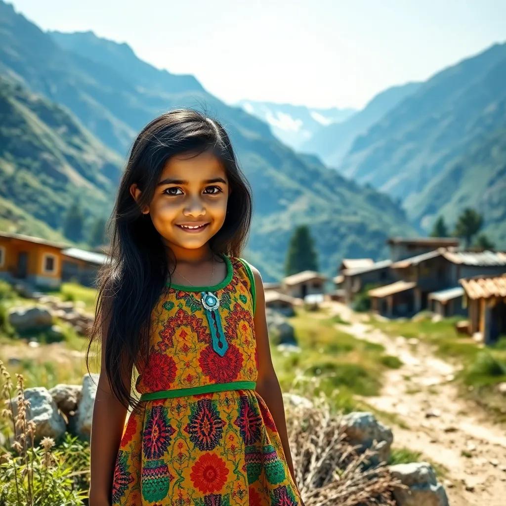 A peaceful village near mountains, featuring a little girl named Jawaher with long black hair wearing a colorful dress, exploring nature, sunny day, vibrant colors, cheerful atmosphere, high quality