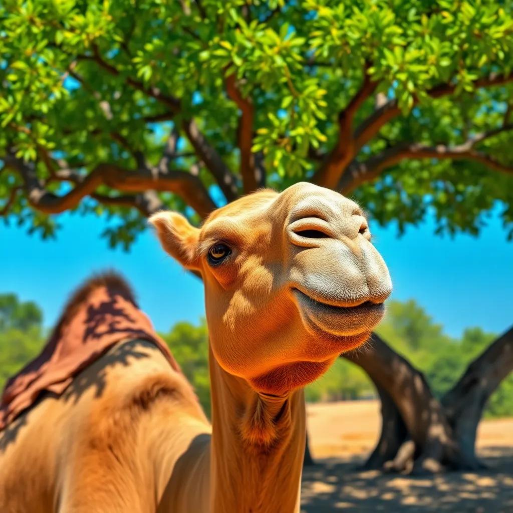 A beautiful camel named Jamal, waking up slowly under a big tree, with bright green leaves and a clear blue sky above, friendly expression, digital art, colorful and inviting scene
