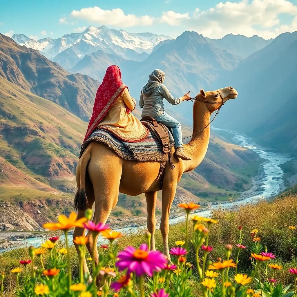 Jawaher riding on Jamal the camel's back, together looking at the majestic mountains, streams flowing below, bright wildflowers in the foreground, cheerful and adventurous, high quality
