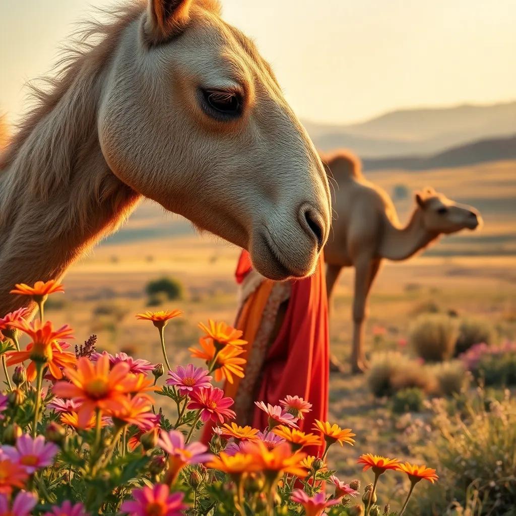 A close-up of Jawaher picking colorful flowers, with a beautiful landscape in the background, combined with Jamal the camel grazing nearby, warm light, vibrant colors, inviting atmosphere
