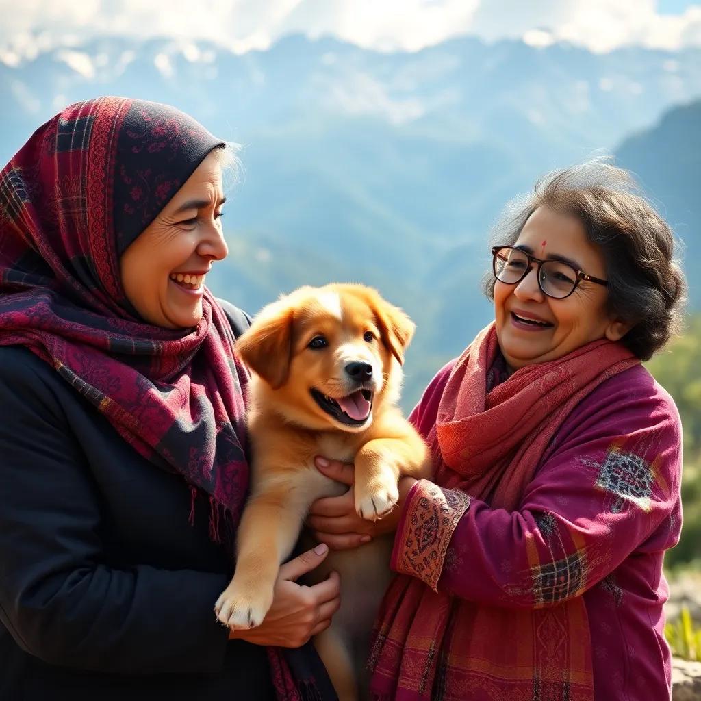 The happy reunion of the puppy with its grandmother, with Jawaher and Jamal smiling nearby, a joyful moment in the mountains, bright colors, uplifting scene, high quality