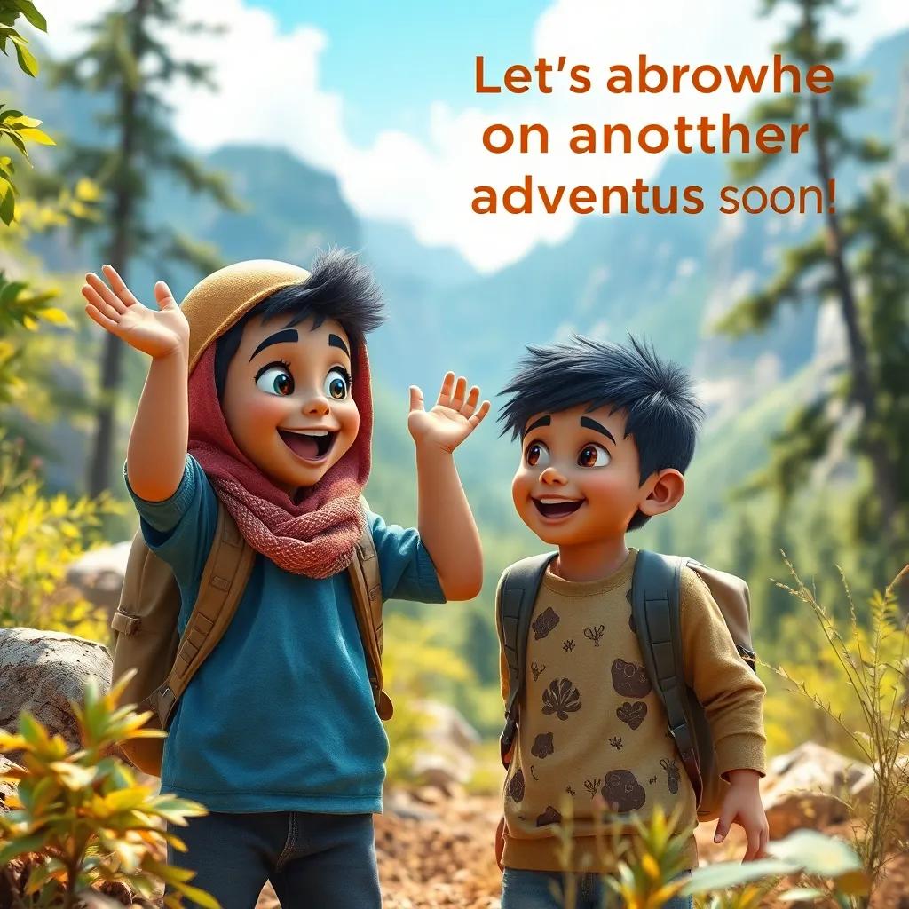 Jawaher excitedly saying to Jamal: "Let’s go on another adventure soon!" surrounded by nature and happy moments, expressive, vibrant, child-friendly