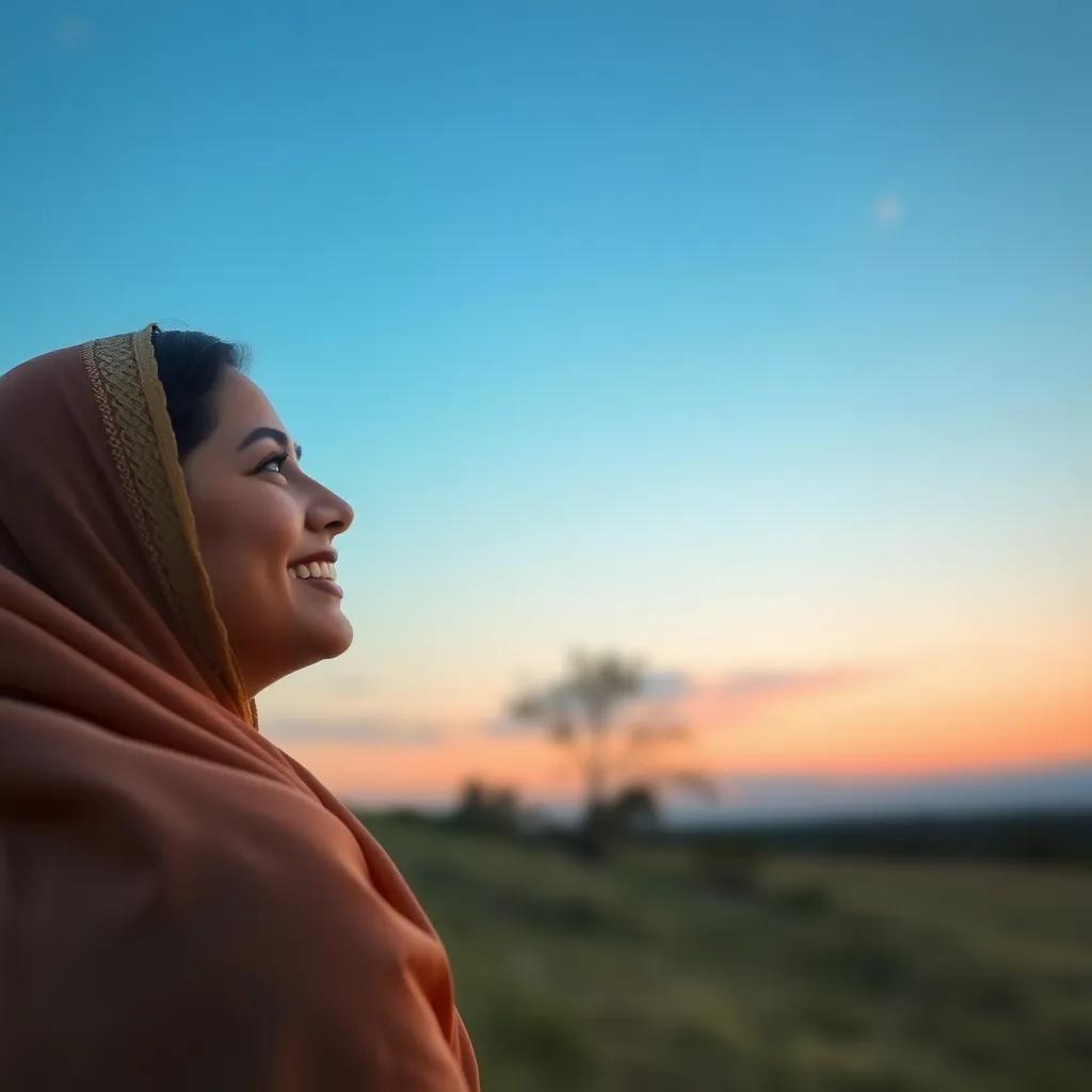 A beautiful moment with Jawaher reflecting on nature, gazing at the sky, with a soft smile, feeling happy, peaceful colors, serene atmosphere