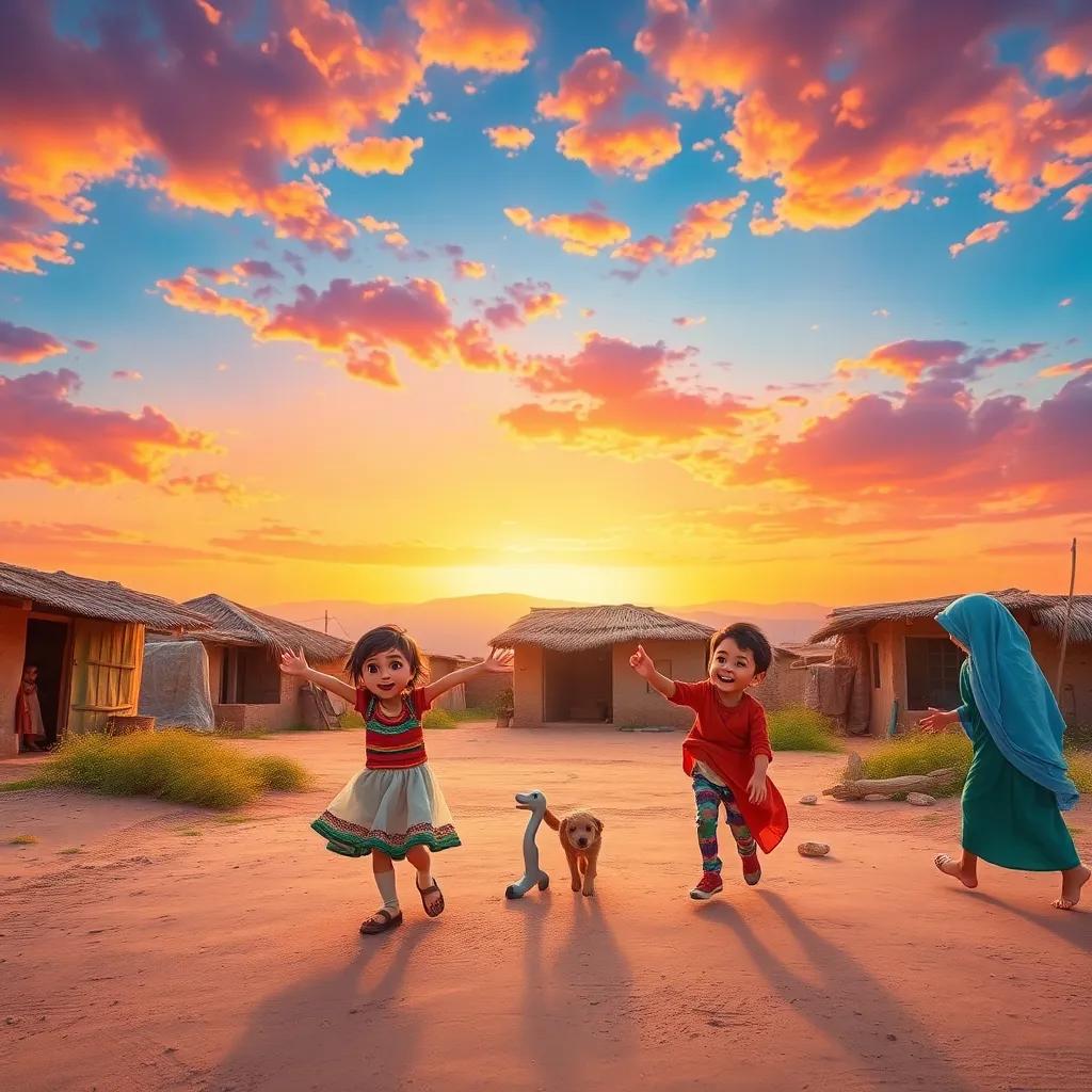 A heartwarming closing scene with Jawaher, Jamal, and their friends playing in the village under a colorful sunset, joyful and inviting atmosphere, high quality