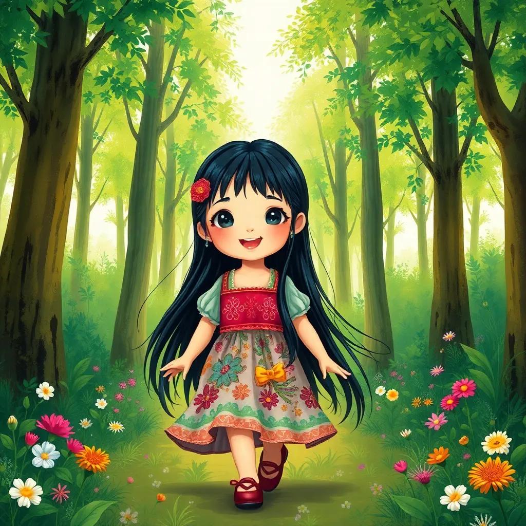 A small girl, جميلة, with long, black hair, wearing a colorful dress, walking in a lush green forest, surrounded by tall trees and flowers, happy expression, cheerful atmosphere, colorful