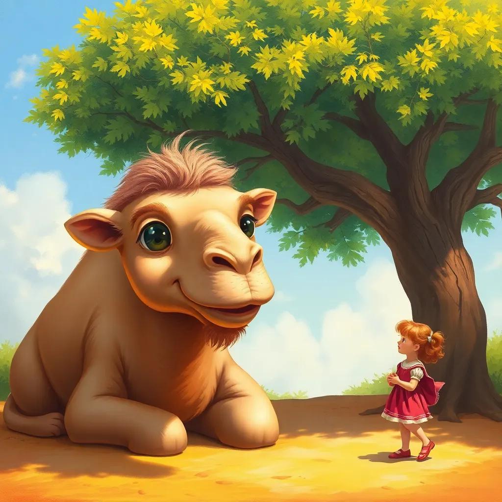 A large camel, جمل, sitting under a shady tree, with big eyes and a friendly smile, looking at a small girl, vibrant colors, warm sunlight, inviting environment