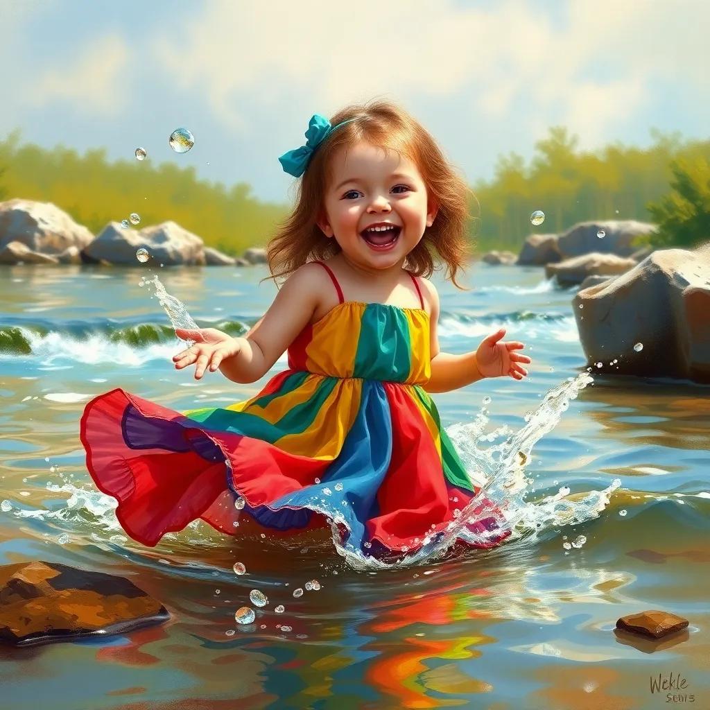 جميلة, a small girl in a colorful dress, laughing and splashing water in a clear river, playful scene with water droplets flying, bright and cheerful, summer vibes