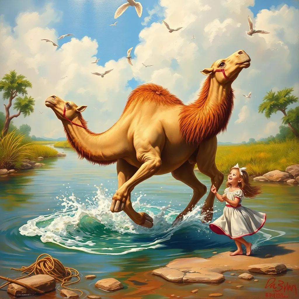 جمل, a big camel, jumping playfully in the river, splashing water, with a joyful expression, a small girl watching with excitement, colorful and lively