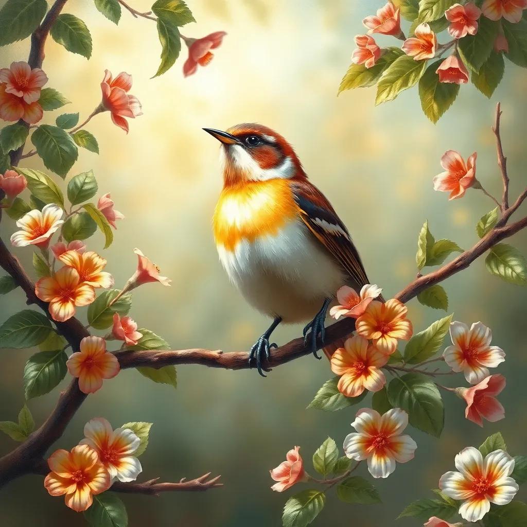 A small bird, sitting on a tree branch, singing a beautiful song, with a happy atmosphere, colorful flowers around, fluttering leaves in the soft breeze