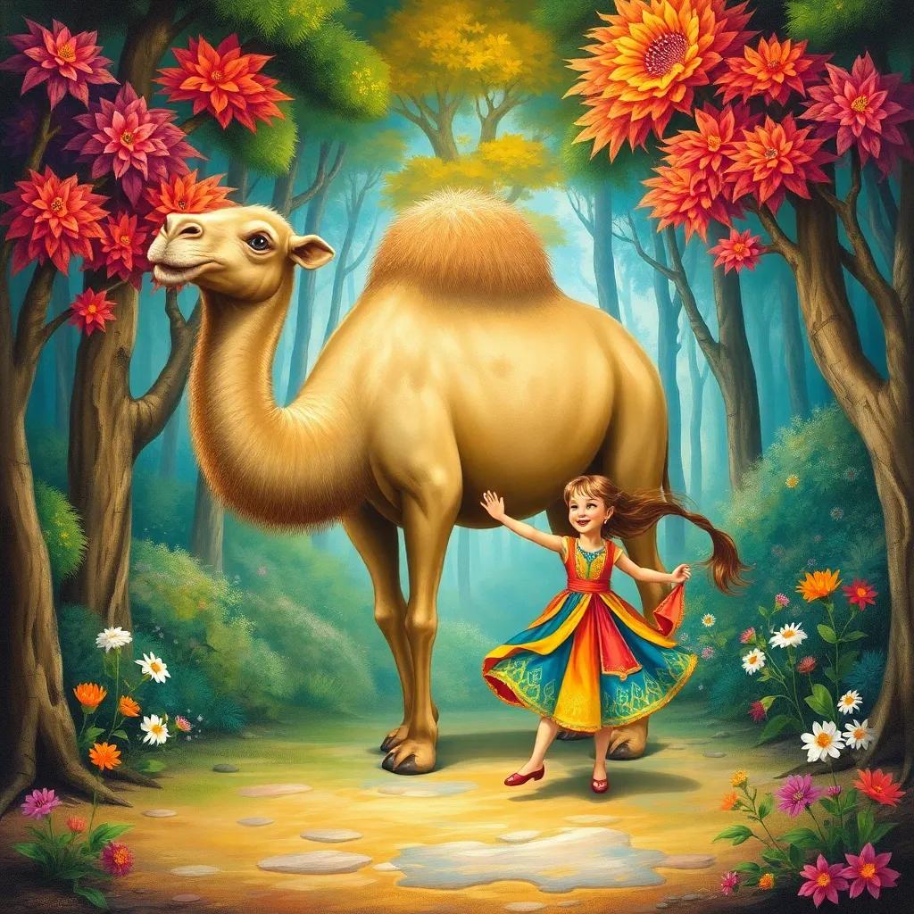جميلة, a small girl in a colorful dress, dancing around a big camel, in the forest with vibrant trees and flowers, joyful expressions, fun and carefree