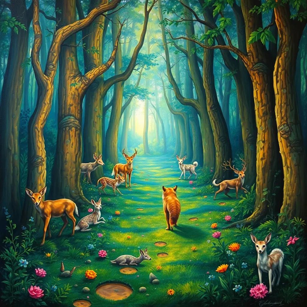 جميلة and جمل, walking deeper into the forest, surrounded by other animals, bright colors, magical and enchanting atmosphere