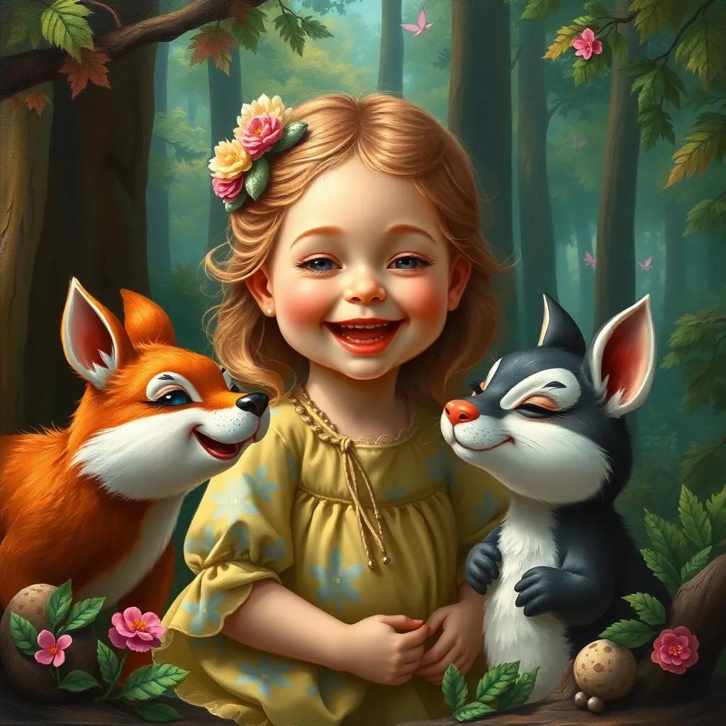 جميلة, a small girl with a bright smile, laughing with her new animal friends in the forest, joy and friendship, heartwarming scene, colorful