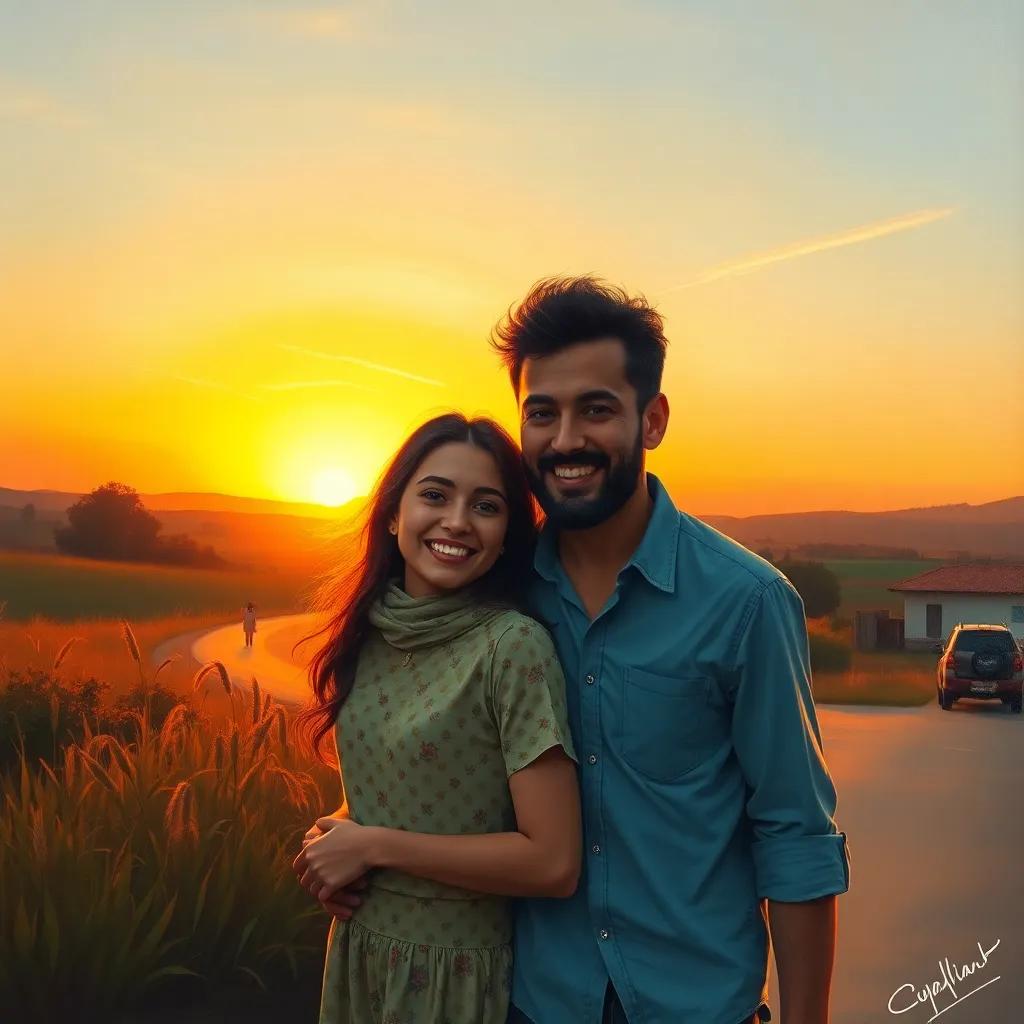 جميلة and جمل, heading home as the sun sets, with a beautiful sunset in the background, both looking happy and content, warm colors, peaceful moment