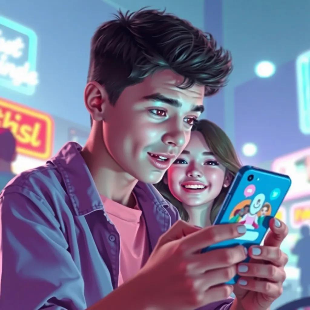 A boy browsing social media on his phone, surprised to see a girl smiling at him, digital art, bright colors, engaging atmosphere, high quality