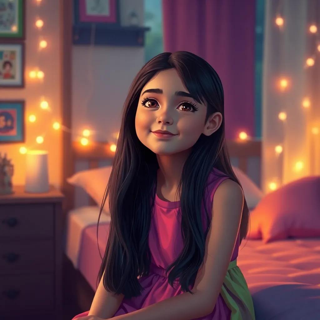 A young girl, Salma, with long, dark hair, wearing a colorful dress, sitting in her room with fairy lights, looking thoughtful and happy, digital art, warm tones, cozy vibe, inviting atmosphere