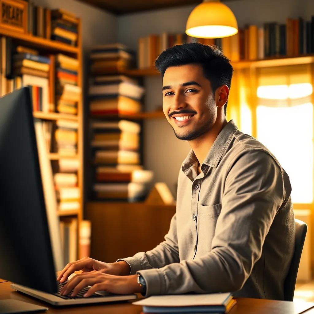A young Arab man, Ahmad, with short black hair, wearing a casual shirt, sitting in front of a computer in a cozy room filled with books, typing happily, warm light, inviting atmosphere, cheerful expression, high quality