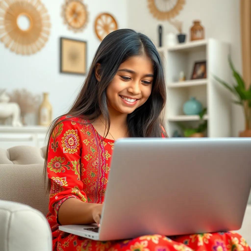 A young Arab girl, Wardah, with long dark hair, wearing a colorful dress, sitting in a bright room with decorative elements, smiling at her laptop screen, cozy atmosphere, joyful expression, engagement with technology, high quality