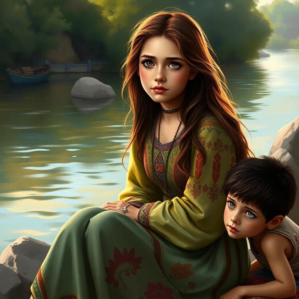 A young Arab girl, Fatima, with long brown hair, wearing a colorful dress, sitting by the river with a worried boy, detailed digital art, warm colors, peaceful atmosphere, high quality