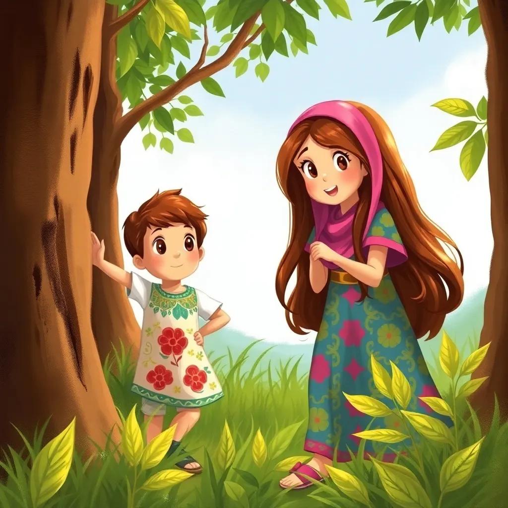 A young Arab girl, Fatima, with long brown hair, wearing a colorful dress, looking excited while searching among trees with a young boy, illustration, bright colors, cheerful vibe, child-friendly