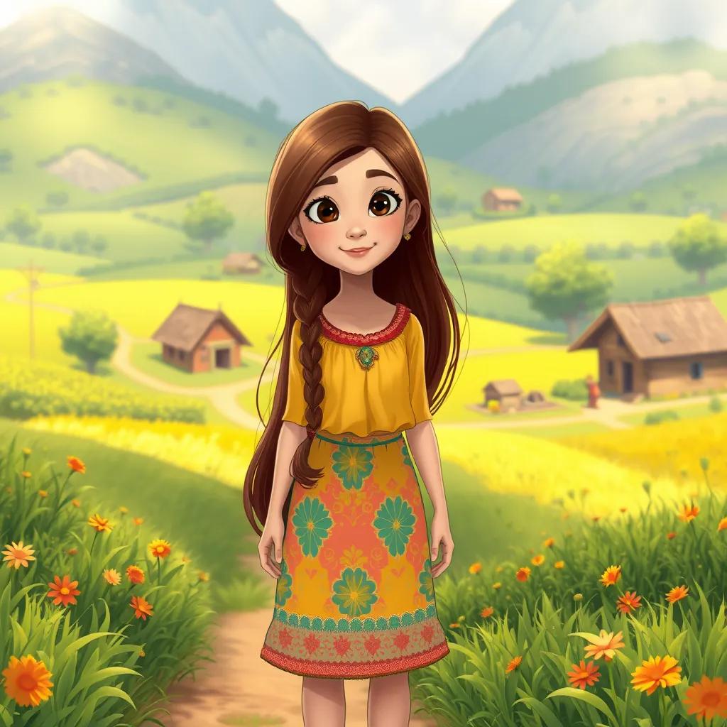 A beautiful girl, Ikrim, with long brown hair, wearing a colorful dress, standing in a small village surrounded by green fields, illustration, warm colors, cheerful atmosphere, high quality