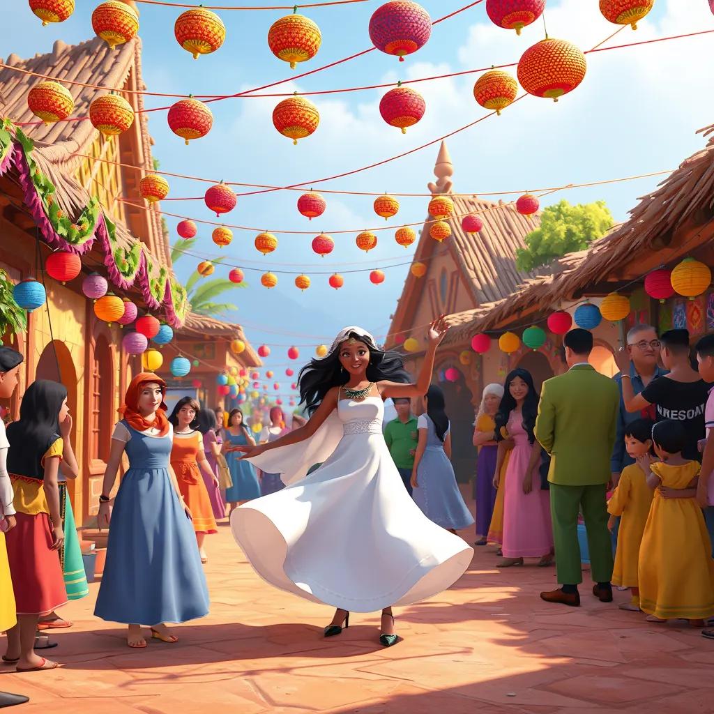 A lively village festival scene, with colorful decorations, Ikrim in a beautiful white dress dancing, people gathering around, illustration, vibrant colors, joyful atmosphere, high quality