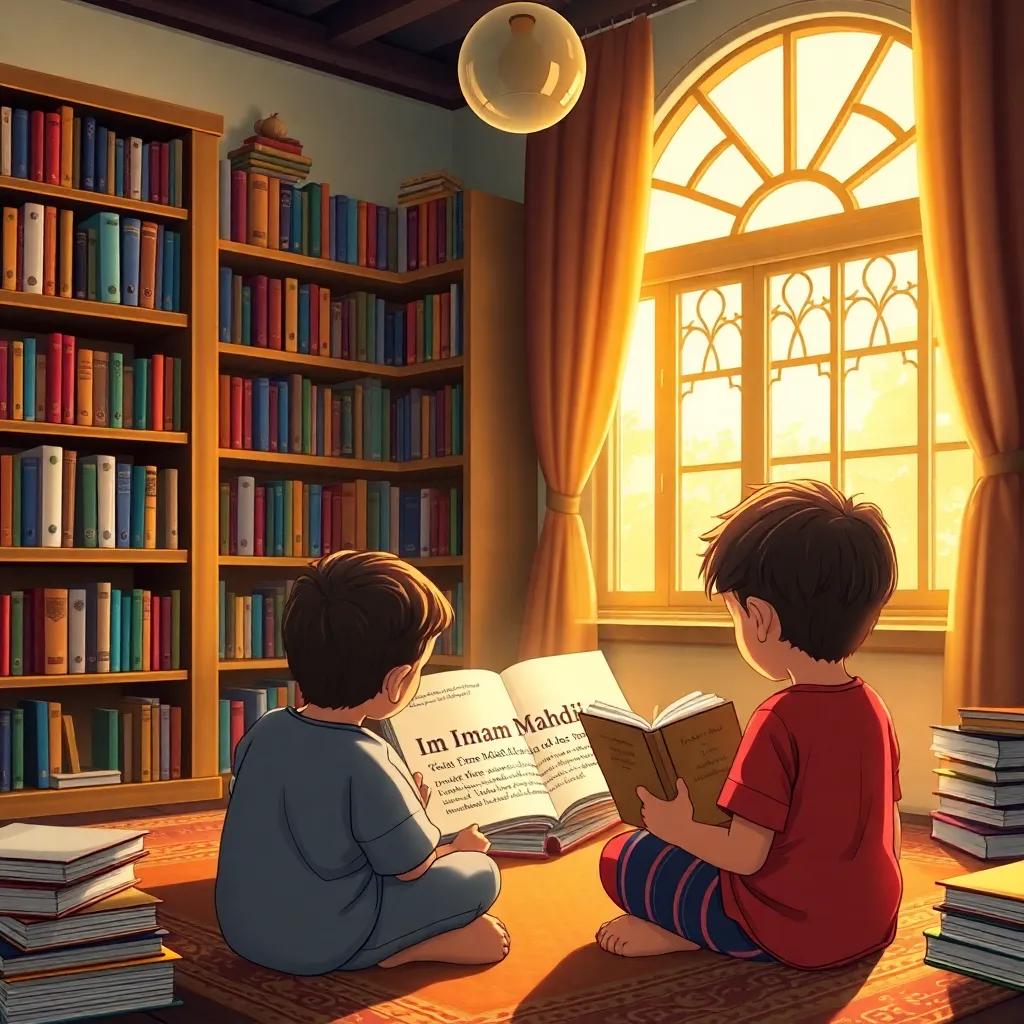 A beautiful home library with children reading books about Imam Mahdi, colorful bookshelves, warm light coming through the window, inviting space, detailed illustration, cozy and educational