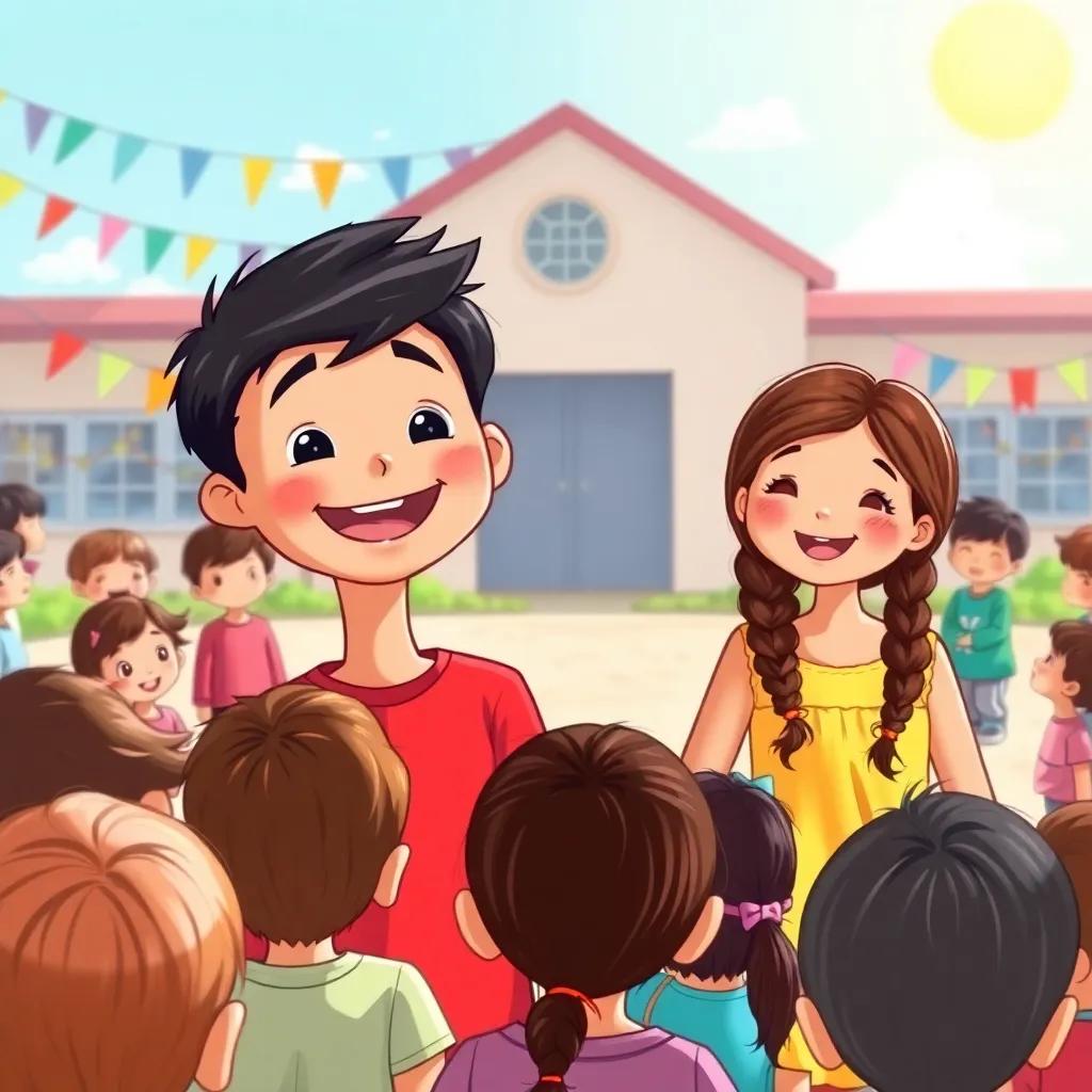 A group of children gathering in a school yard, Ali, a cheerful boy with short black hair, wearing a red t-shirt, Maria, a girl with long brown hair in a braid, wearing a yellow dress, colorful decorations around them, bright sunny day, digital art, vibrant colors, joyful atmosphere, high quality