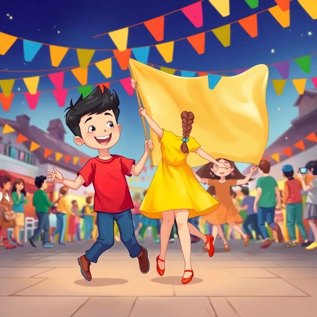 Children celebrating a festival in a decorated square, Ali, a cheerful boy with short black hair in a red t-shirt, Maria, a girl with long brown hair in a braid wearing a yellow dress, dancing with a large flag in the background, lively and happy scene, colorful banners, illustration, festive mood, high quality