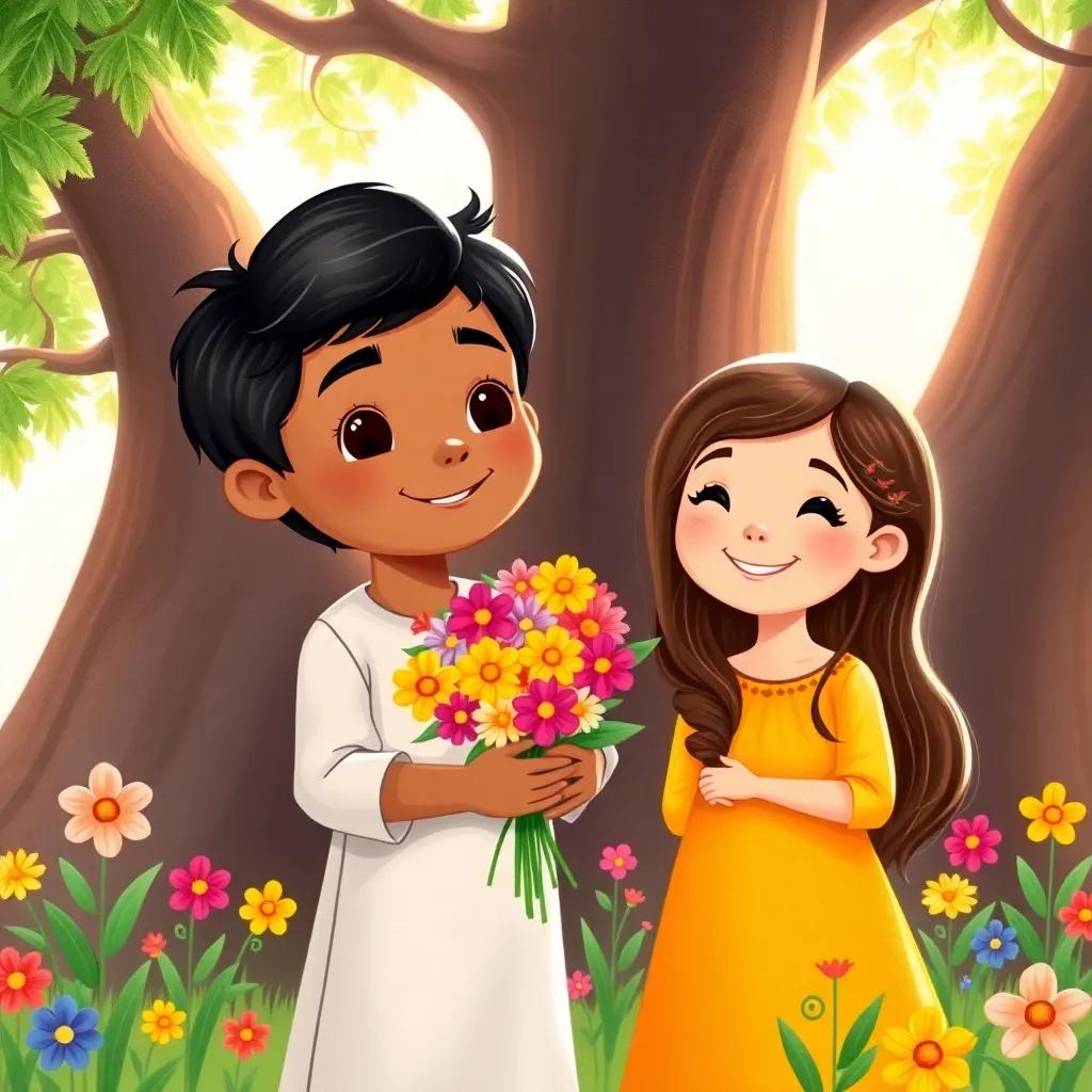 A young Arab boy, Younes, with black hair and brown skin, holding a bouquet of colorful waṭab flowers, standing next to a smiling girl, Leila, with long hair and wearing a bright dress, surrounded by a large tree and colorful flowers, heartwarming moment, bright light, cheerful, child-friendly