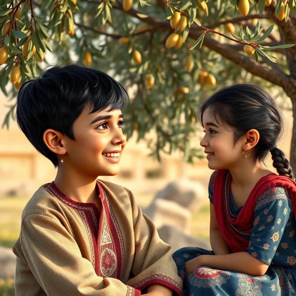 A young Iraqi boy, Ali, with short black hair, wearing a traditional Kurdish shirt, sitting under an olive tree smiling and talking to a young Syrian girl, detailed digital art, soft colors, warm and inviting atmosphere, high quality
