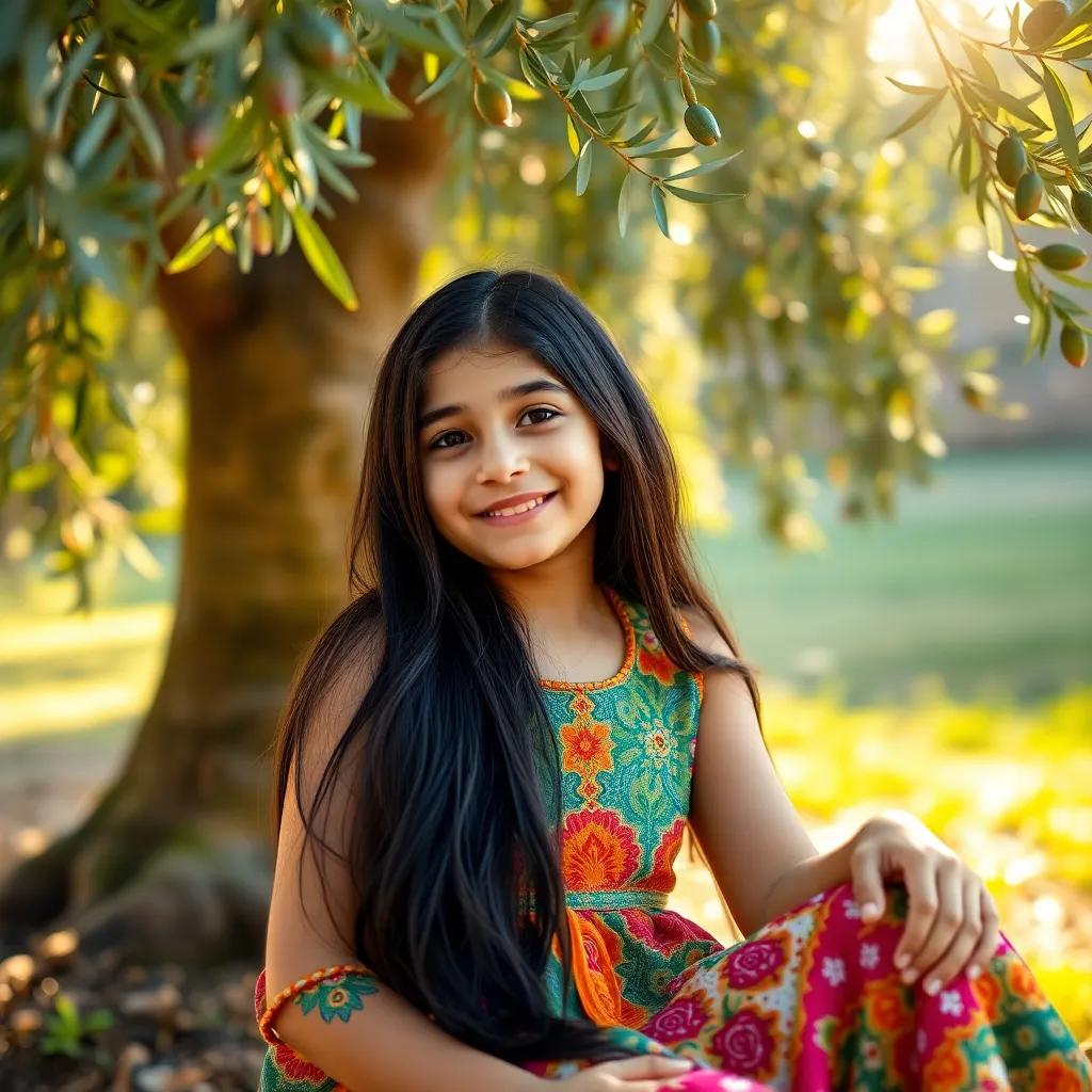 A young Syrian girl, Layla, with long dark hair wearing a colorful dress, sitting under an olive tree, smiling at Ali, with gentle sunlight filtering through tree leaves, warm light, vibrant colors, cheerful perspective, high quality