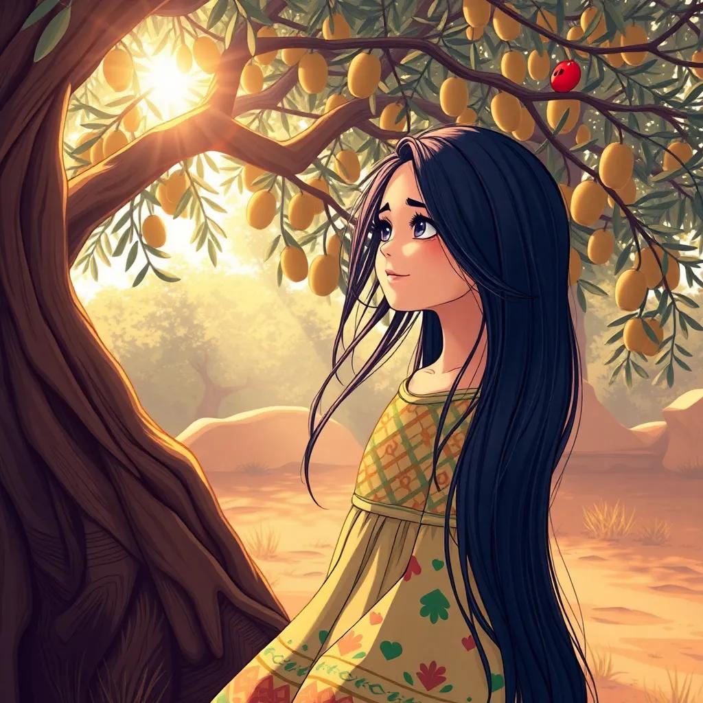 A beautiful Algerian girl, Sarah, with long, dark hair wearing a colorful dress, playing under an old olive tree with sunlight filtering through, detailed illustration, warm colors, cheerful atmosphere, high quality