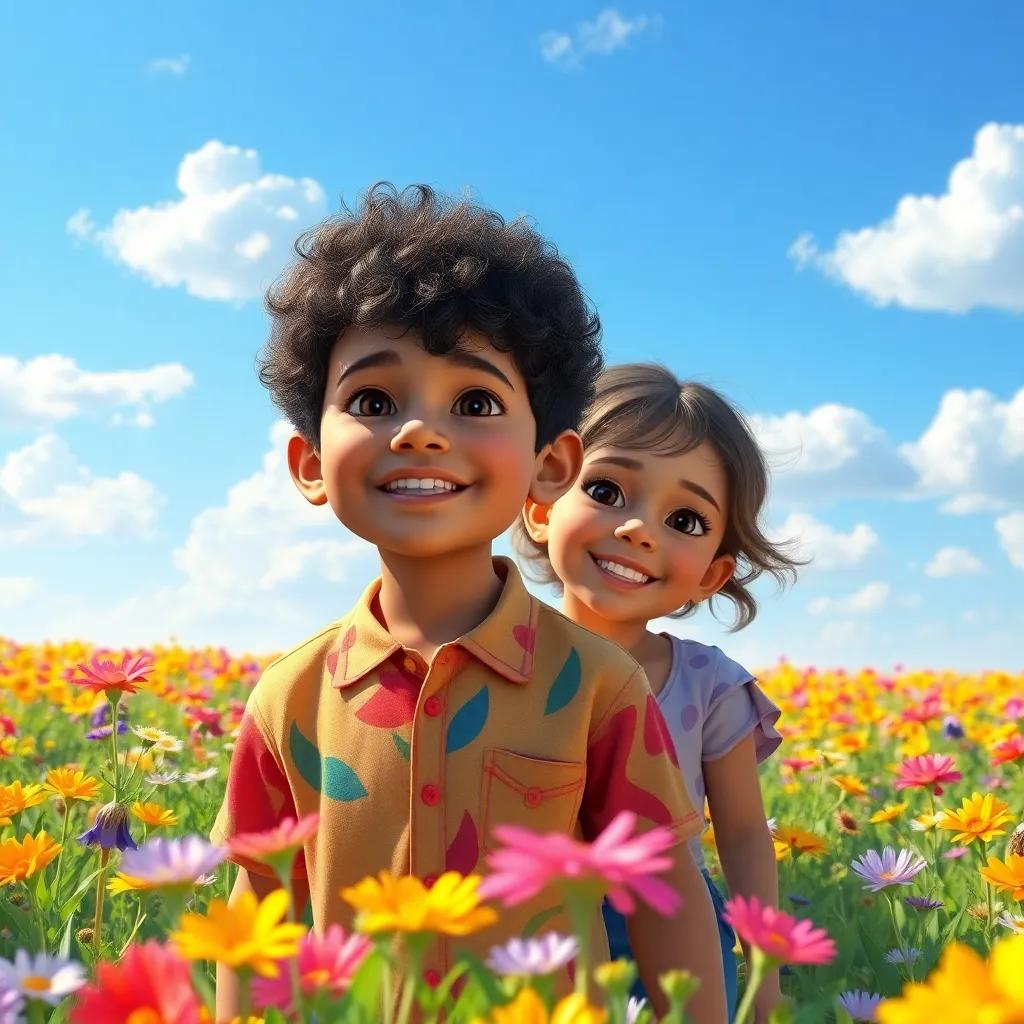 A Moroccan boy, Yousef, with short, curly hair wearing a bright shirt, happily playing with Sarah in a field of colorful flowers, blue sky with fluffy clouds, child-friendly, vibrant scene, high quality