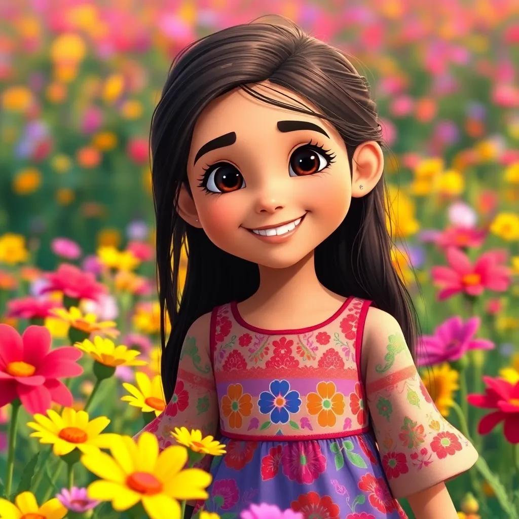 A happy young Arab girl, Zahra, with long, dark hair, wearing a colorful dress, in a vibrant flower field, smiling at colorful flowers, cheerful atmosphere, bright colors, high quality