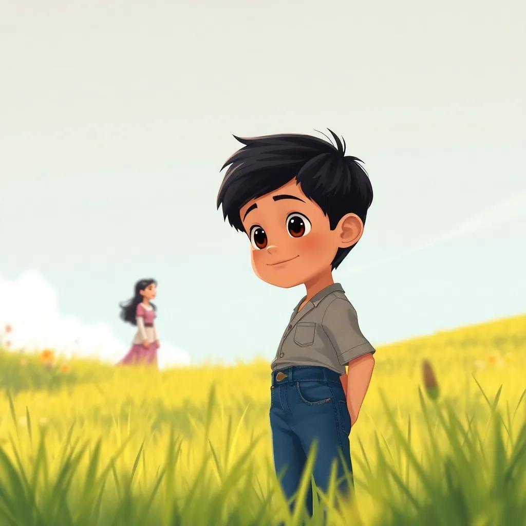A shy young Arab boy, Qais, with short, dark hair, wearing jeans and a simple shirt, watching Zahra from a distance in a sunny meadow, curious expression, bright sunny day, illustration, child-friendly