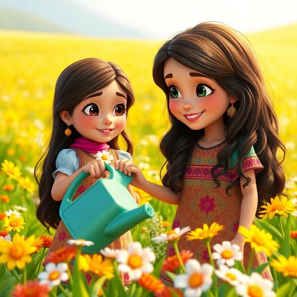Zahra, a young Arab girl with long, dark hair in a colorful dress, watering flowers with a watering can, Qais by her side helping, in a sunny field filled with flowers, warm light, joyful scene, cheerful atmosphere
