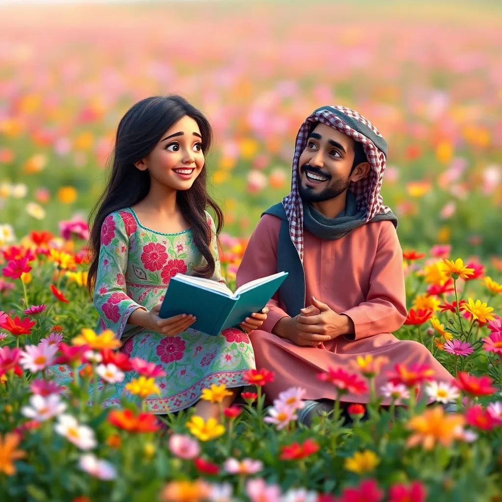 Zahra, a young Arab girl with long, dark hair in a colorful dress, and Qais sitting together in a flower field, sharing stories and laughing, surrounded by bright flowers, cheerful expression, friendship, happy moment